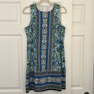 London Times Blue & Green Patterned Knee Length Dress Size 8